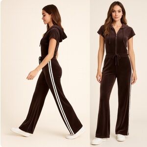 Y2K JLo Jumpsuit Velvet One Piece TrackSuit Brown Racing Stripe Zip Front Velour
